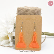 Load image into Gallery viewer, Fluorescent UV Orange Erlenmeyer Flask Dangle Drop Earrings - Women in Science (STEM/STEAM) Series - Bel Creative Arts
