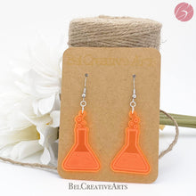 Load image into Gallery viewer, Fluorescent UV Orange Erlenmeyer Flask Dangle Drop Earrings - Women in Science (STEM/STEAM) Series - Bel Creative Arts
