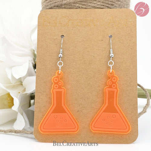 Fluorescent UV Orange Erlenmeyer Flask Dangle Drop Earrings - Women in Science (STEM/STEAM) Series - Bel Creative Arts