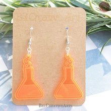 Load image into Gallery viewer, Fluorescent UV Orange Erlenmeyer Flask Dangle Drop Earrings - Women in Science (STEM/STEAM) Series - Bel Creative Arts
