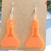 Load image into Gallery viewer, Fluorescent UV Orange Erlenmeyer Flask Dangle Drop Earrings - Women in Science (STEM/STEAM) Series - Bel Creative Arts
