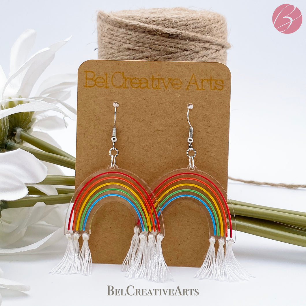 Rainbow and cloud earrings, dangle style, hand made in USA