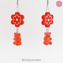 Load image into Gallery viewer, Cherry Red Daisy Flower and Guava Gummy Bear Dangle Drop Earrings - Bel Creative Arts
