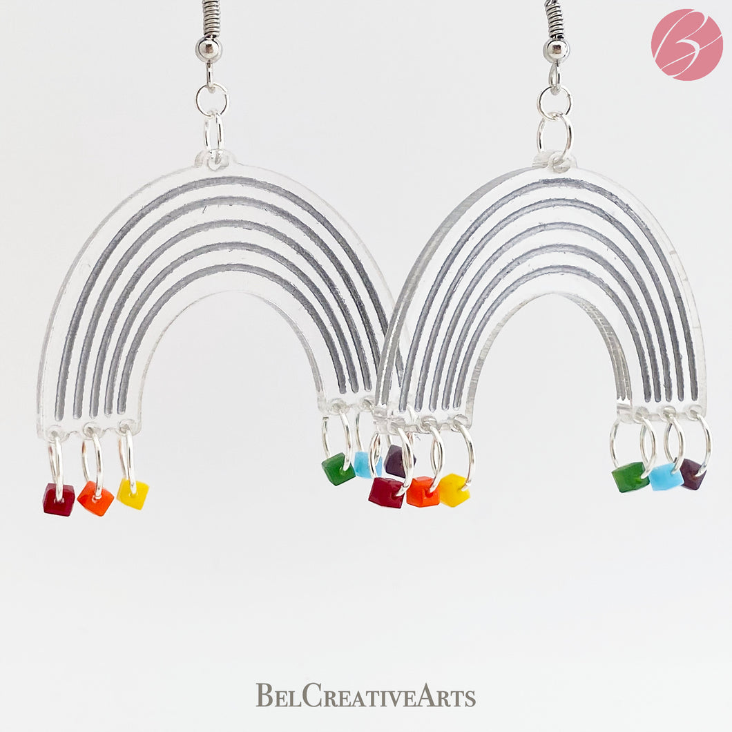 Rainbow and rain drops earrings, dangle style, hand made in USA
