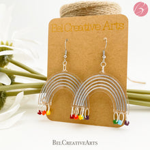 Load image into Gallery viewer, Rainbow and rain drops earrings, dangle style, hand made in USA
