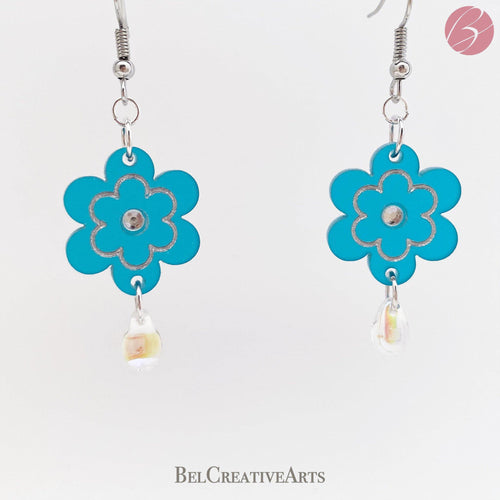 Teal Blue Daisy Flower with Raindrop Dangle Drop Earrings - Bel Creative Arts