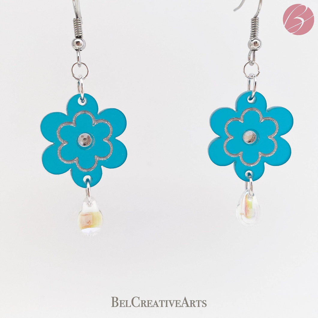 Teal Blue Daisy Flower with Raindrop Dangle Drop Earrings - Bel Creative Arts