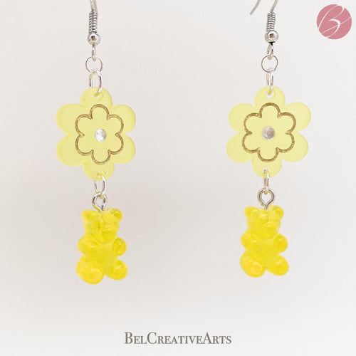 Lemon Yellow Daisy Flower and Gummy Bear Dangle Drop Earrings - Bel Creative Arts