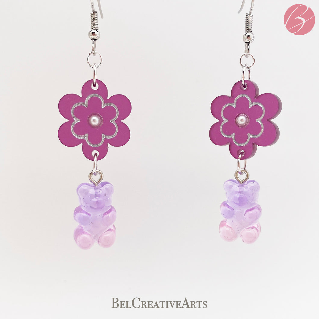 Purple Passionfruit Daisy Flower & Gummy Bear Earrings – Dangle Drop Style