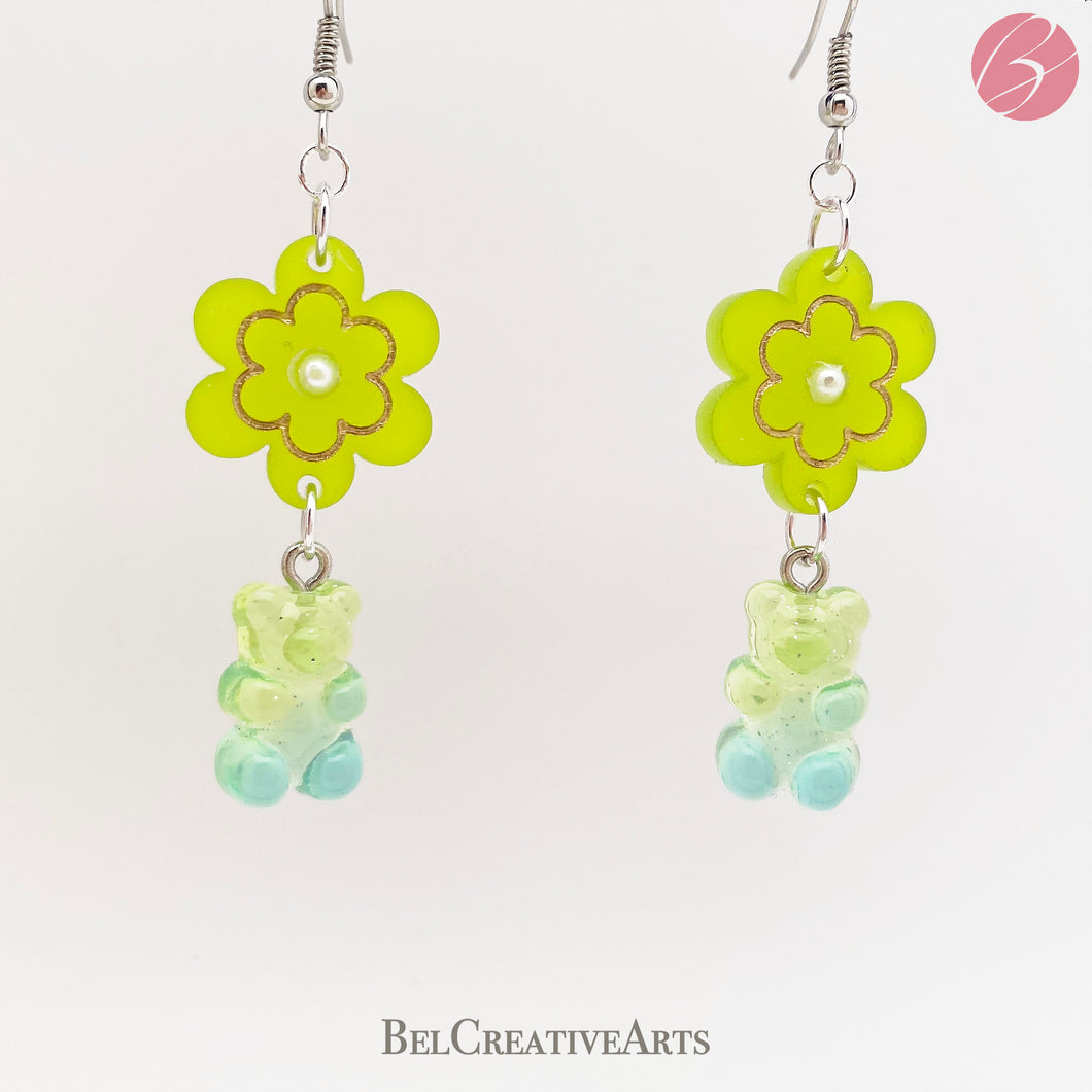 Lime Green & Blue Daisy Flower & Gummy Bear Earrings – Dangle Drop Style
