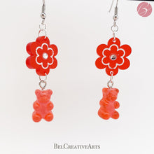Load image into Gallery viewer, Cherry Red Daisy Flower and Guava Gummy Bear Dangle Drop Earrings - Bel Creative Arts
