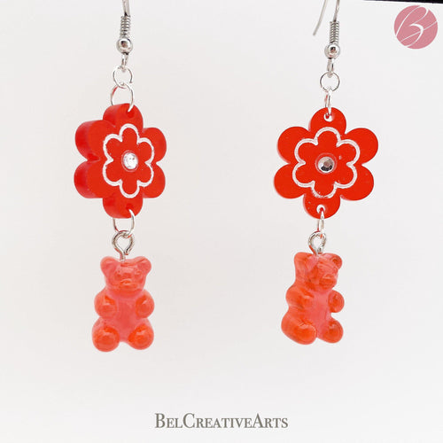Cherry Red Daisy Flower and Guava Gummy Bear Dangle Drop Earrings - Bel Creative Arts