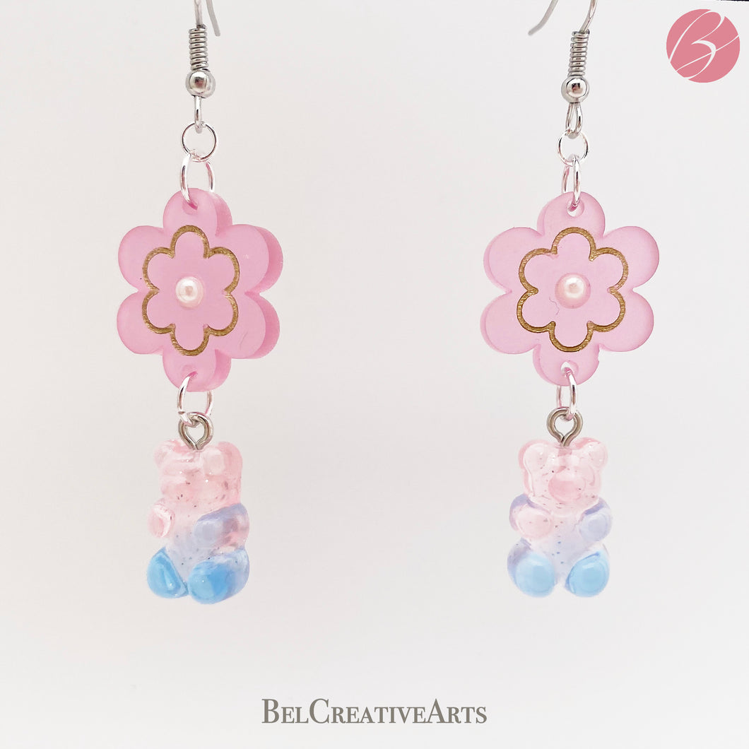 Cotton Candy Daisy Flower and Gummy Bear Earrings – Dangle Drop Style