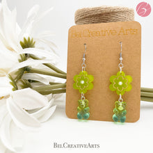 Load image into Gallery viewer, Lime Green &amp; Blue Daisy Flower &amp; Gummy Bear Earrings – Dangle Drop Style
