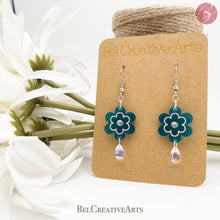 Load image into Gallery viewer, Teal Blue Daisy Flower with Raindrop Dangle Drop Earrings - Bel Creative Arts
