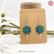 Load image into Gallery viewer, Teal Blue Daisy Flower with Raindrop Dangle Drop Earrings - Bel Creative Arts
