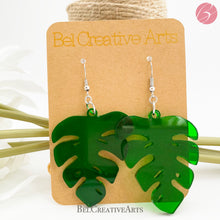 Load image into Gallery viewer, Monstera Philodendron Leaf Green Dangle Drop Earrings – Botanical Style
