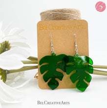 Load image into Gallery viewer, Monstera Philodendron Leaf Green Dangle Drop Earrings – Botanical Style
