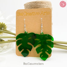 Load image into Gallery viewer, Monstera Philodendron Leaf Green Dangle Drop Earrings – Botanical Style
