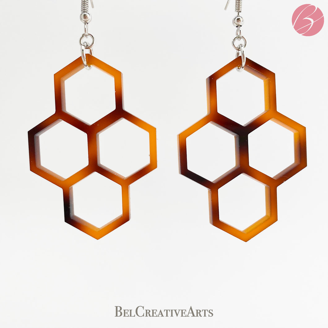 Honeycomb Faux Tortoiseshell Geometric Dangle Drop Earrings