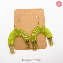 Load image into Gallery viewer, Lime green &amp; gold rainbow earrings dangle style, made in USA
