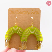Load image into Gallery viewer, Lime green &amp; gold rainbow earrings dangle style, made in USA

