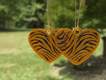 Load image into Gallery viewer, Tiger stripe heart earrings, orange, dangle style, made in USA
