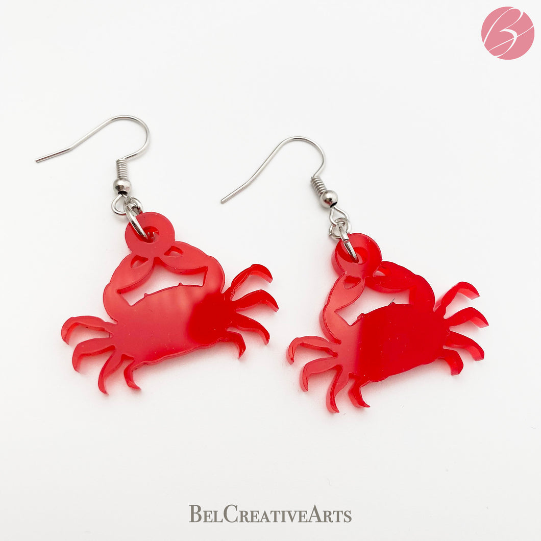 Red crab earrings, dangle style, made in USA