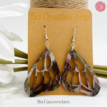 Load image into Gallery viewer, Butterfly Earrings in Green and Purple Acrylic – Dangle Drop Style
