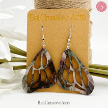 Load image into Gallery viewer, Butterfly Earrings in Green and Purple Acrylic – Dangle Drop Style
