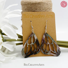 Load image into Gallery viewer, Butterfly Earrings in Green and Purple Acrylic – Dangle Drop Style
