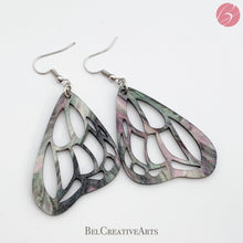 Load image into Gallery viewer, Butterfly Earrings in Green and Purple Acrylic – Dangle Drop Style
