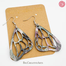 Load image into Gallery viewer, Butterfly Earrings in Green and Purple Acrylic – Dangle Drop Style
