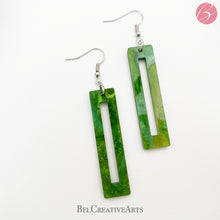 Load image into Gallery viewer, Green rectangle geometric earrings, dangle style, made in USA
