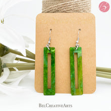 Load image into Gallery viewer, Green rectangle geometric earrings, dangle style, made in USA
