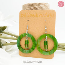 Load image into Gallery viewer, Green beaded geometric circle earrings, dangle style, made in USA
