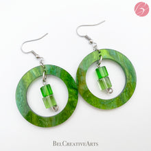 Load image into Gallery viewer, Green beaded geometric circle earrings, dangle style, made in USA
