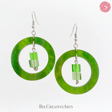 Load image into Gallery viewer, Green beaded geometric circle earrings, dangle style, made in USA
